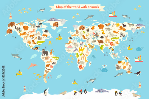 Fototapeta Naklejka Na Ścianę i Meble -  Animals world map. Colorful cartoon vector illustration for children and kids. Preschool, education, baby, continents, oceans, drawn, Earth