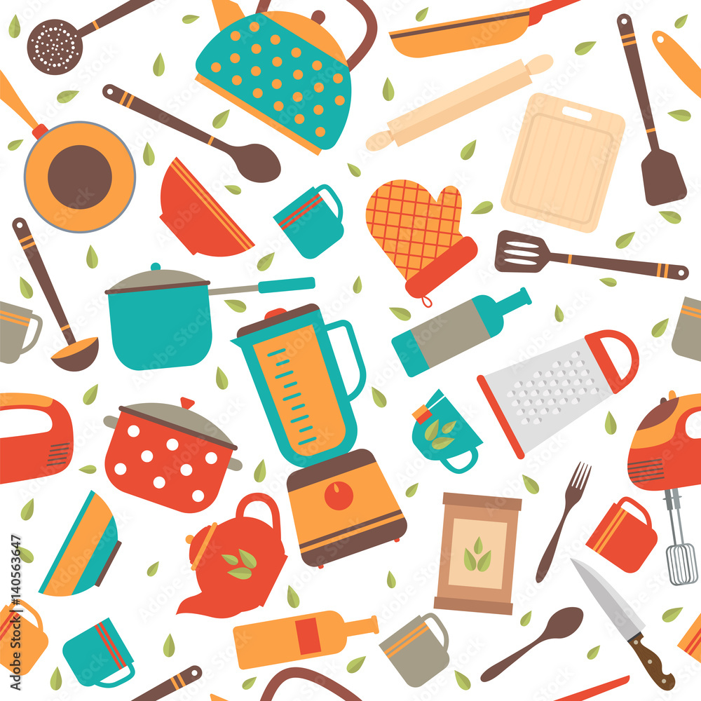 Seamless pattern with kitchen tools. Cooking utensils background