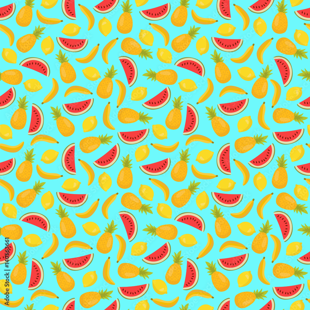 Seamless pattern with pineapples, bananas and lemons. Bright summer fruits. Cute tropical background