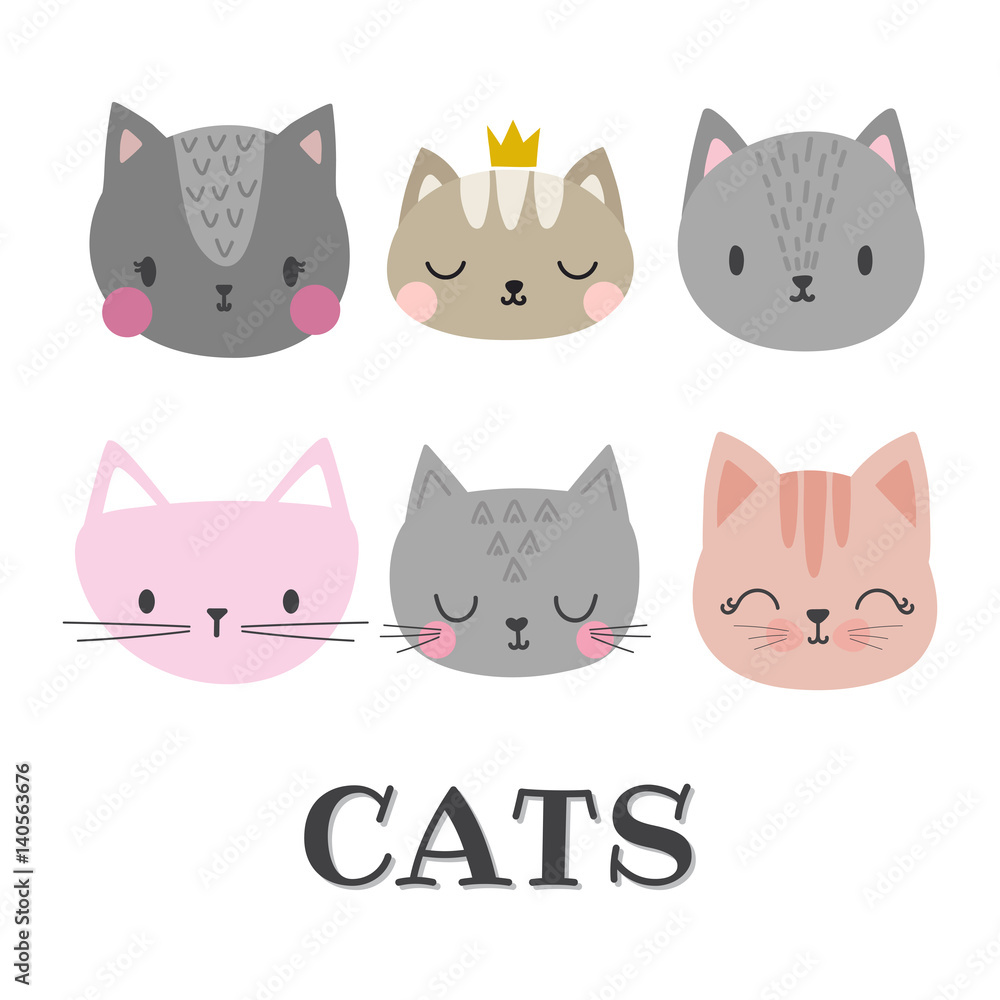 Set of cute cats. Funny doodle animals. Kittens in cartoon style