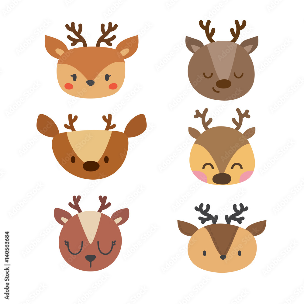 Set of cute deers. Funny doodle animals. Little fawn in cartoon style Set of cute deers. Funny doodle animals. Little fawn in cartoon style