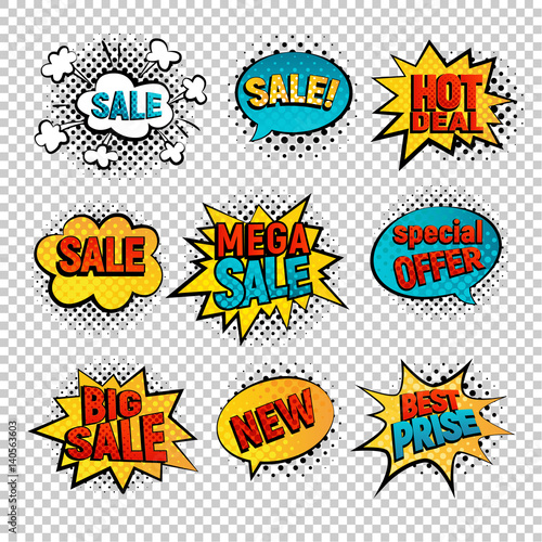 Sale pop art vector set. Big, Mega sale, Best price and Hot deal comic style. New, Special offer text, spech bubble. Explosion bubbles, isolated on transparent background