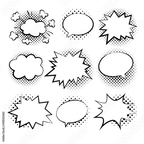 Bubbles comic style vector duddle illustration. Cartoon explosion, speach  isolated on white background. Tag icons with halftone dot black shadows. Spech bubble in pop art