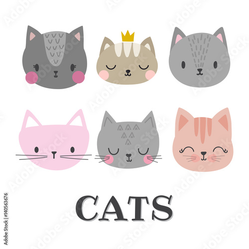 Set of cute cats. Funny doodle animals. Kittens in cartoon style