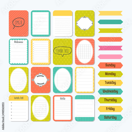 Template for notebooks. Cute design elements in flat style. Notes, labels, stickers. Collection of various note papers
