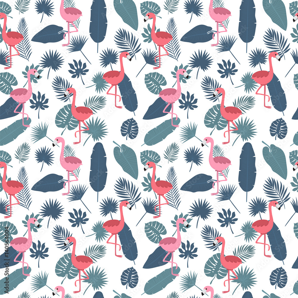 Tropical pink flamingos and palm leaves