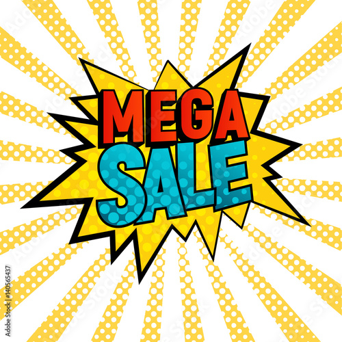 Mega Sale comic style vector card. Cartoon star with Mega Sale text on yellow and white rays background. Pop art style, shoping and sale retro card