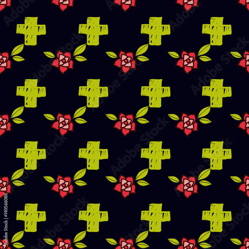 Crosses and flowers in an old-style tattoo. The day of the Dead. Seamless pattern on a black background. Texture for scrapbooking, wrapping paper, textiles, web page, surface design, fashion