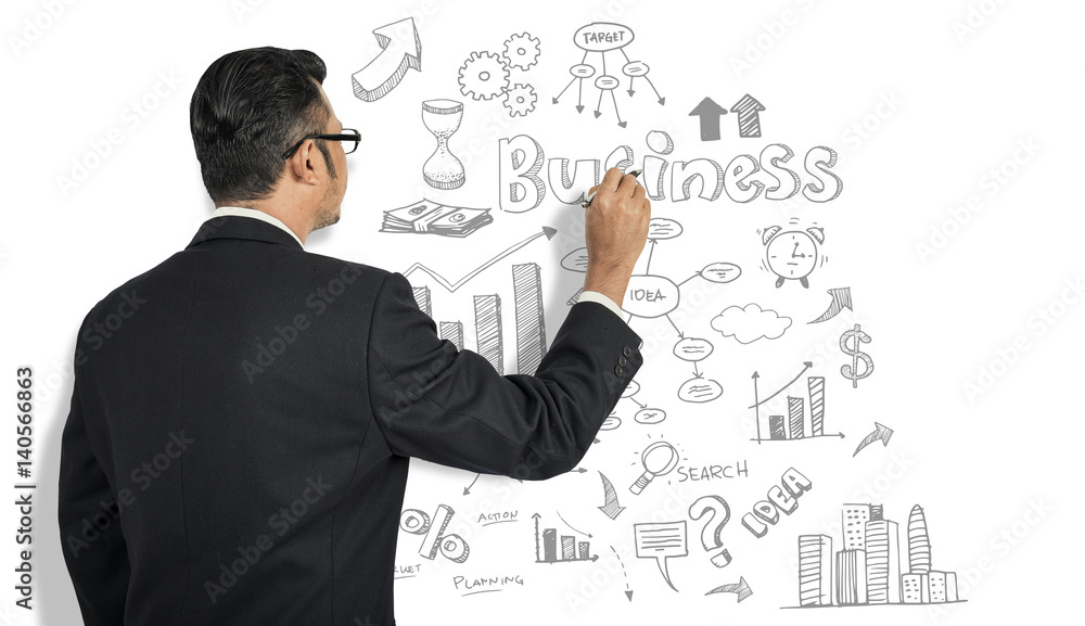Man in suit pointing Business strategy presentation on white board background. Man in suit pointing Business strategy presentation on white board background.