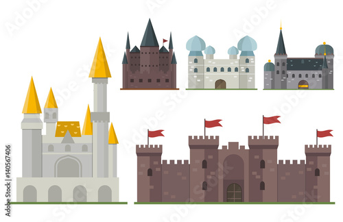 Cartoon fairy tale castle tower icon cute architecture fantasy house fairytale medieval and princess stronghold design fable isolated vector illustration.