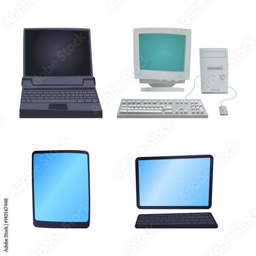 Retro computer item classic antique technology style business personal equipment and vintage pc desktop hardware communication object vector illustration.