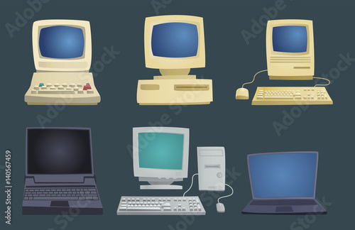 Retro computer item classic antique technology style business personal equipment and vintage pc desktop hardware communication object vector illustration.