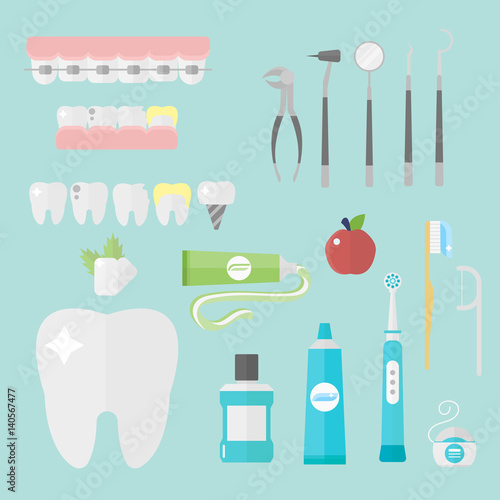 Flat health care dentist symbols research medical tools healthcare system concept and medicine instrument hygiene stomatology engineering vector illustration.