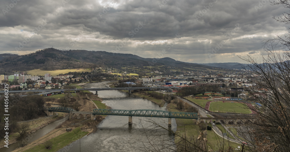 Decin town and river Labe in winter day