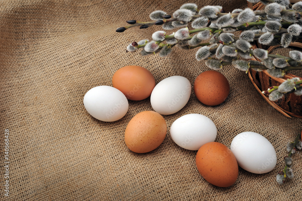 Easter still life of brown and white eggs and fur seals, willow branches Easter still life of brown and white eggs and fur seals, willow branches