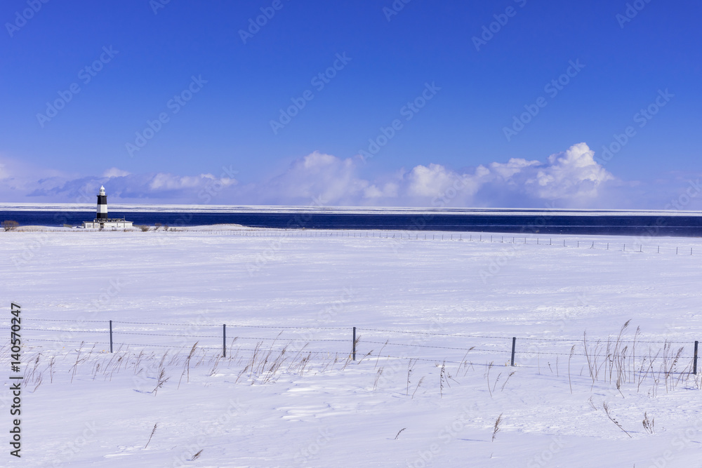 能取岬の灯台と雪原