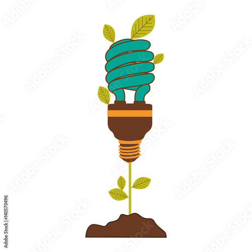 plant stem with leaves and fluorescent bulb spiral with light turquoise vector illustration