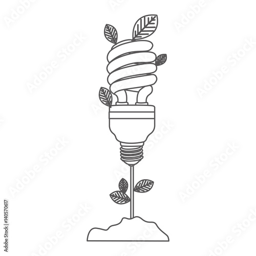 grayscale contour with plant stem with leaves and fluorescent bulb spiral vector illustration