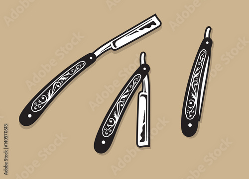 Straight Razors. 
Set of three vintage straight razor vector illustrations.