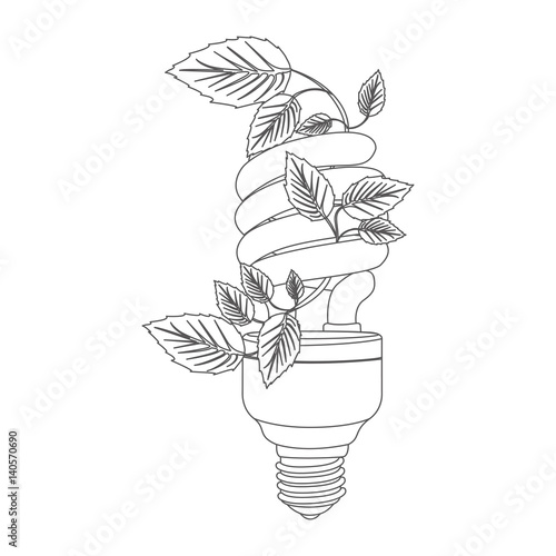 grayscale contour with spiral fluorescent bulb with creeper plant vector illustration