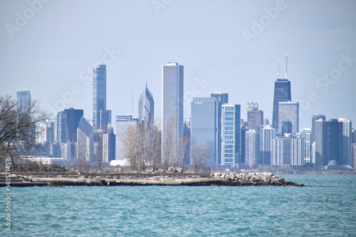 Chicago skyline as seen from south side lake shore park on a frigid winter day 