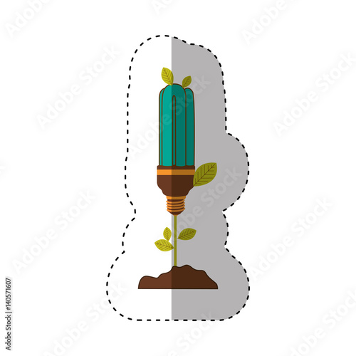 sticker of plant stem with leaves and fluorescent bulb with light turquoise vector illustration