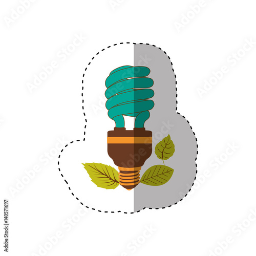 sticker of fluorescent bulb spiral in color turquoise and leaves vector illustration
