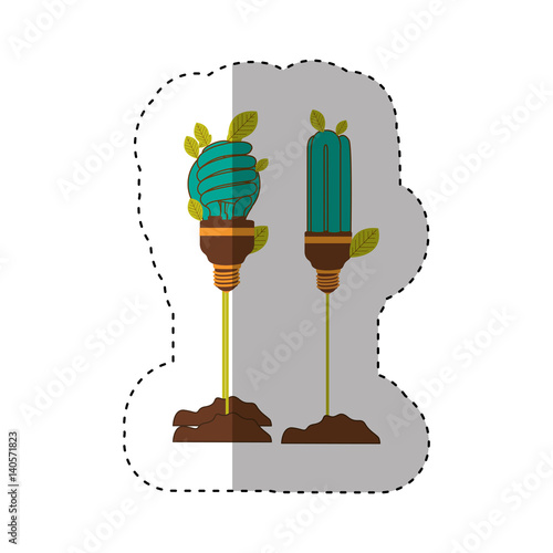 sticker of Incandescent and fluorescent bulb in color turquoise with stem and leaves vector illustration