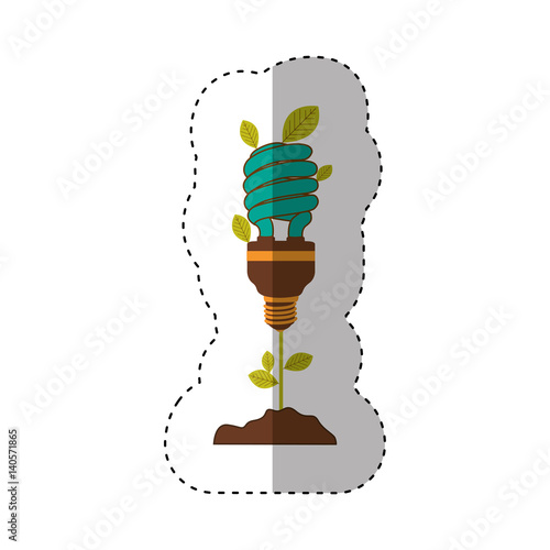 sticker of plant stem with leaves and fluorescent bulb spiral with light turquoise vector illustration