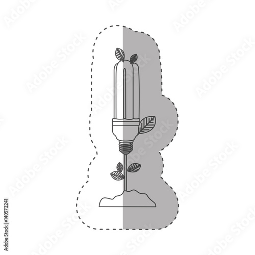 sticker with grayscale contour with plant stem with leaves and fluorescent bulb vector illustration