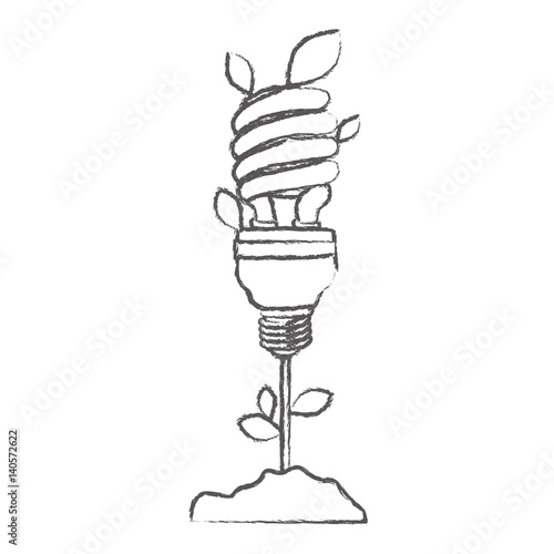 monochrome sketch with plant stem with leaves and fluorescent bulb spiral vector illustration