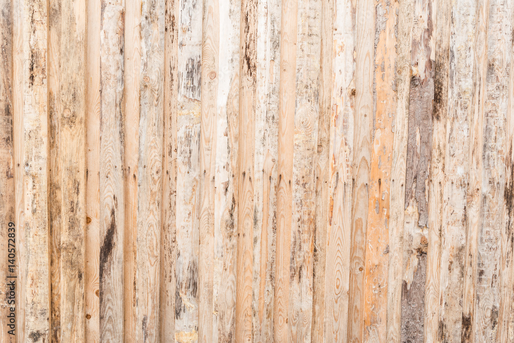 Obraz premium The texture of the tree, the wall, the floor are made of natural wood, the boards have poor-quality processing, many fibers and knots, vertical orientation, abstract background