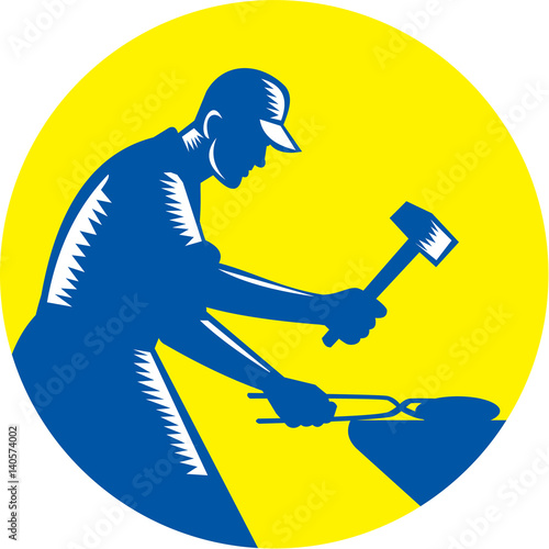 Blacksmith Worker Forging Iron Circle Woodcut