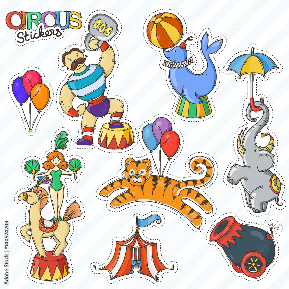 Fototapeta premium Circus cartoon icons collection with chapiteau tent and trained wild animals.