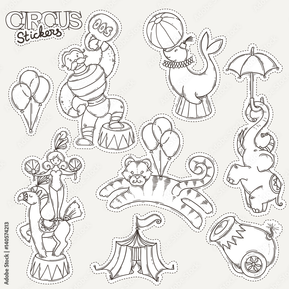 Circus cartoon icons collection with chapiteau tent and trained wild animals. Circus cartoon icons collection with chapiteau tent and trained wild animals.