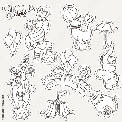 Circus cartoon icons collection with chapiteau tent and trained wild animals.