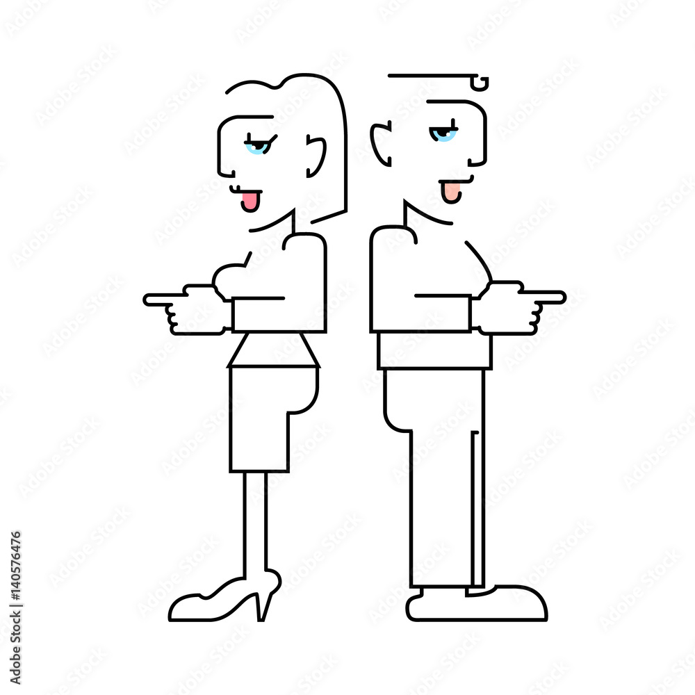 A man and a woman point with their finger. Linear flat vector picture