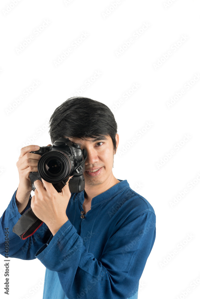 Asian Man acting poses with camera isolate on white background. Asian Man acting poses with camera isolate on white background.