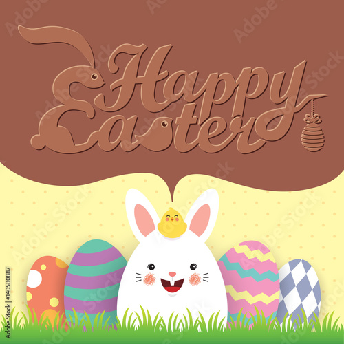 Easter egg hunt invitation template design. Cute cartoon rabbit,baby chick with colorful easter eggs on meadow and chocolate speech bubble with text.