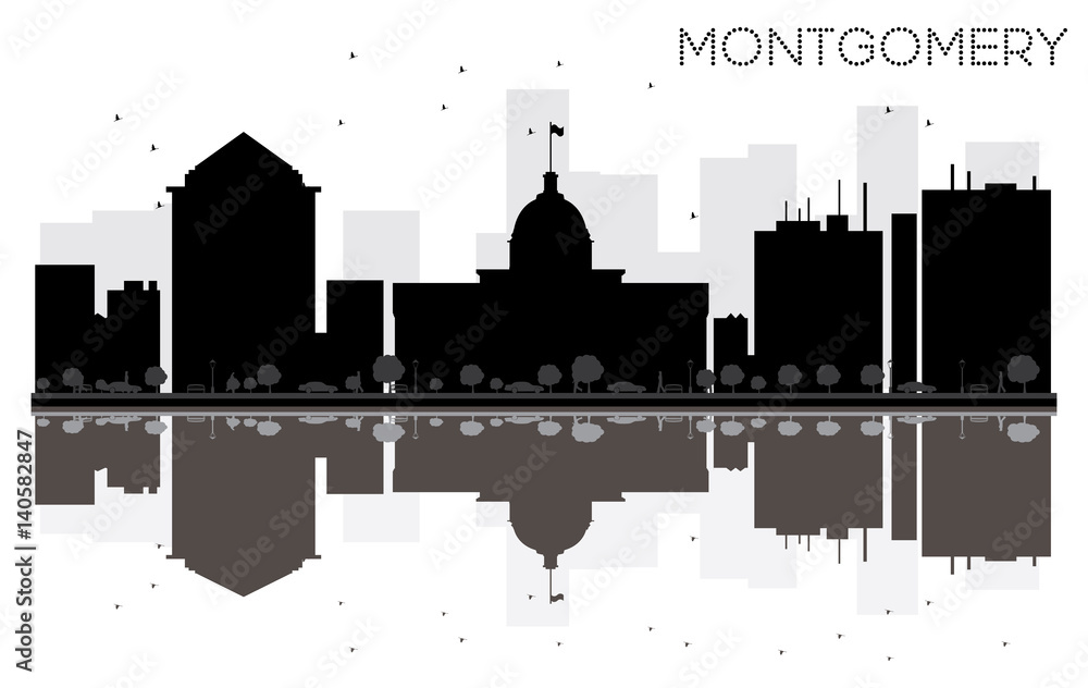 Montgomery City skyline black and white silhouette with reflections.