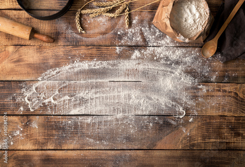 Obraz na płótnie Baker workplace with flour, top view with copy space