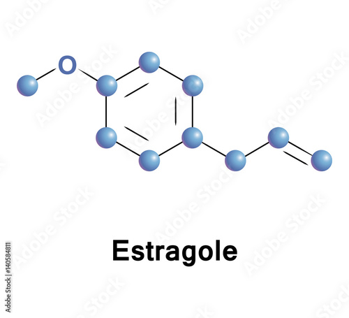 Estragole is a phenylpropene, a natural organic compound. Its chemical structure consists of a benzene ring substituted with a methoxy group and a propenyl group. photo