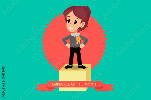 Employee of the Month. Motivated employee woman receives first prize in winners' podium