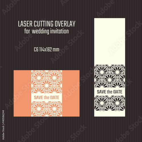 DIY laser cutting overlay. Wedding die cut template. Cutout silhouette card. Scrapbook carved paperwork. Vector Save the Date invitation.