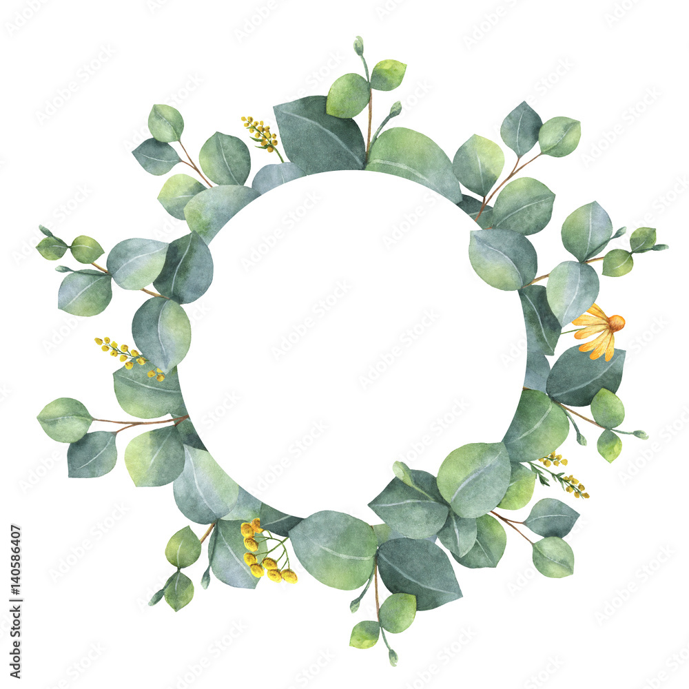 Watercolor wreath with silver dollar eucalyptus leaves and branches.