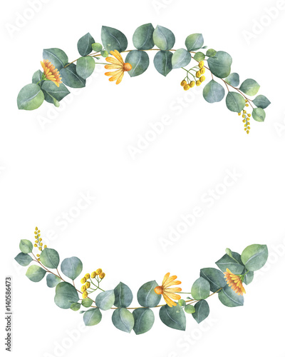 Watercolor wreath with silver dollar eucalyptus leaves and branches.