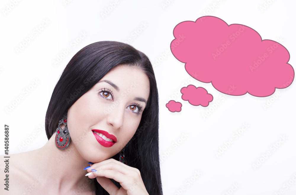 Beautiful young model with an empty pink thought bubble Beautiful young model with an empty pink thought bubble
