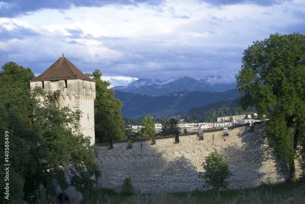 View of the Musegg Wall in Lucerne , Switzerland
