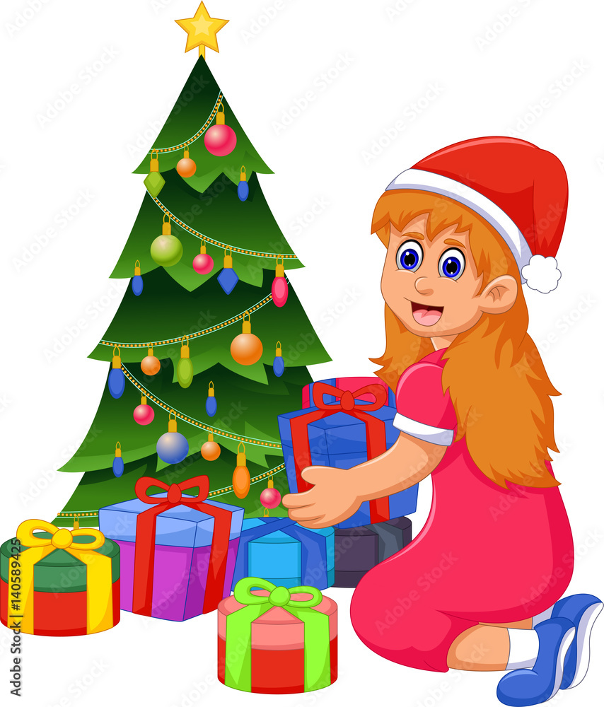funny girl cartoon with Christmas gift and Christmas tree funny girl cartoon with Christmas gift and Christmas tree
