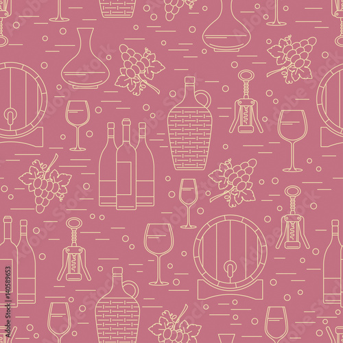 Winemaking design element on maroon background. Vector seamless pattern.